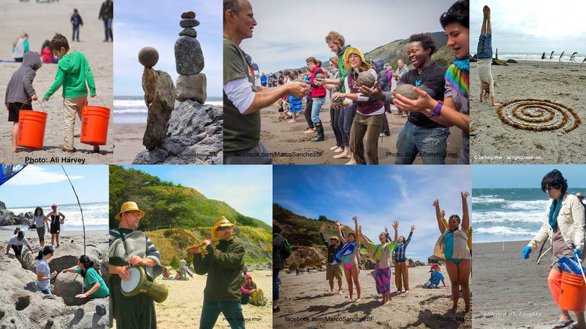 Montage of photos from Earth Day at Stinson Beach, including children and adults collecting trash, balanced rock sculptures, a person handstanding next to a spiral sculpture made from seaweed, a group making sand sculpture, two men making music (drumming and flute), and a group reaching for the sky together.