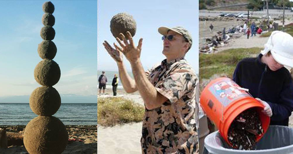 Montage of three photos: right, a child dumping collected trash in to a waste can, middle, a line of 6 people throwing sand globes in the air, right, a stack of 7 sand globes with the ocean in the background