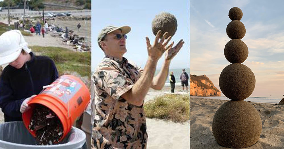 Montage of three photos: right, a child dumping collected trash in to a waste can, middle, a line of 6 people throwing sand globes in the air, right, a stack of 7 sand globes with the ocean in the background