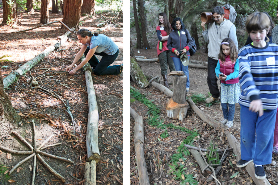 Two photos, side by side. On the left, a woman kneels and creates patterens with sticks along the pathway; on the right, 4 adults and a child point out creations inside the pathway border 