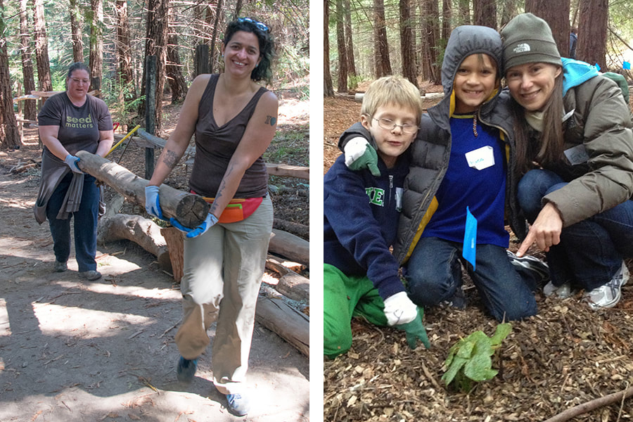 On the left, two adults carry a log together, on the right, two children and an adult point at a plant they have just planted