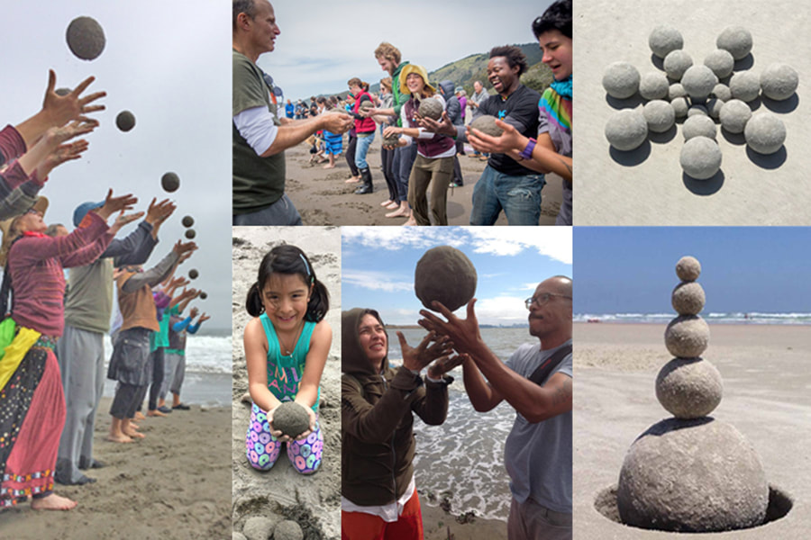 Montage of 6 photos including people of all ages making sand globes, and sculptures made from balanced or arranged sand globes 