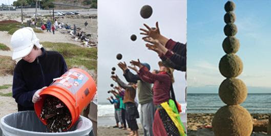 Three photos. Left is a person dumping beach trash into a large trash can. Middle is a line of people making sand globes, tossing them in the air. Right is a tower made from 8 balanced sand globes.